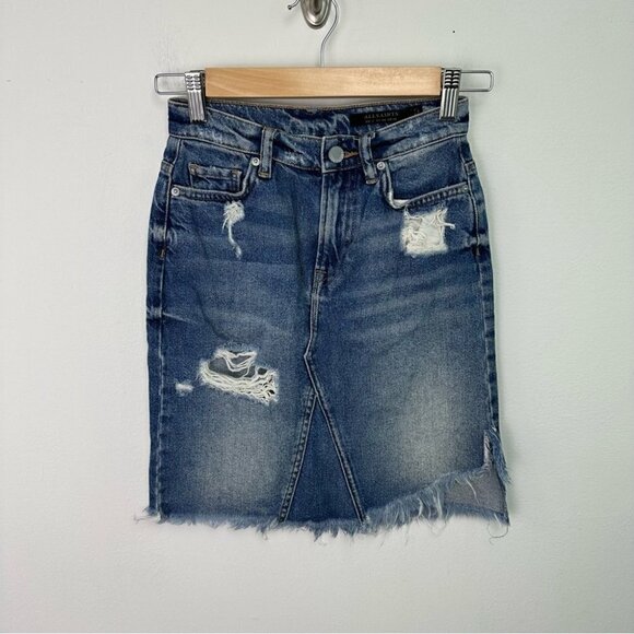 ALL Saints  Distressed Denim Raw Hem Mini Jean Skirt 00 - Picture 2 of 5